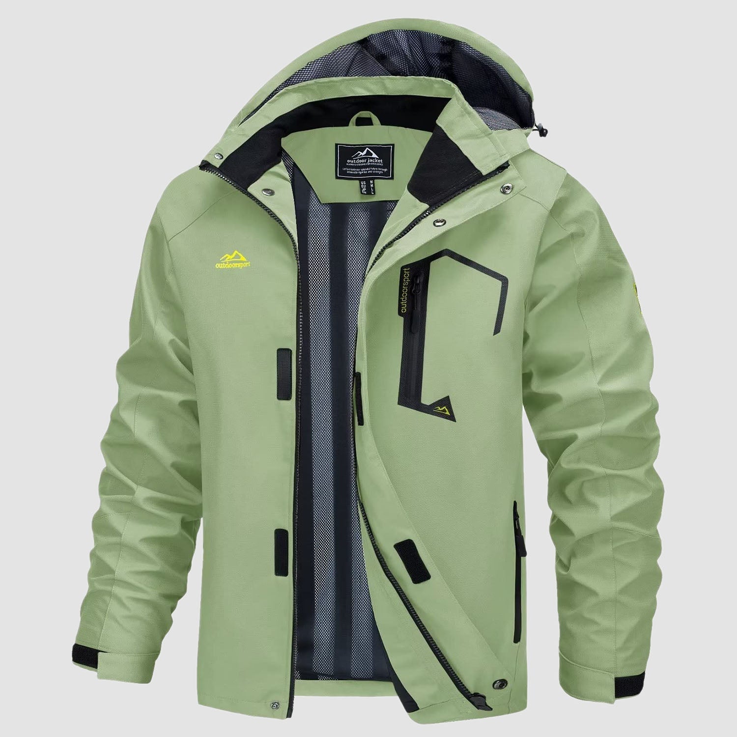 Men's ultralight waterproof rain jacket olive green slim fit detachable hood breathable mesh lining hiking