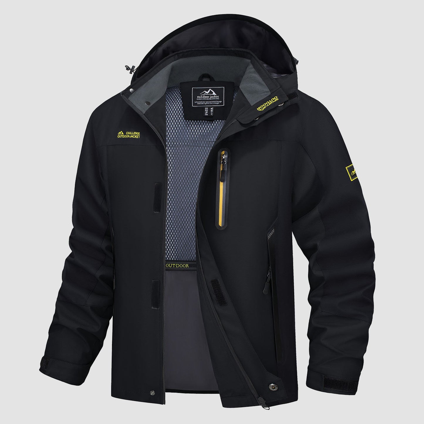 Men's lightweight windproof hiking jacket, water-resistant shell with storm hood and 5-pocket design