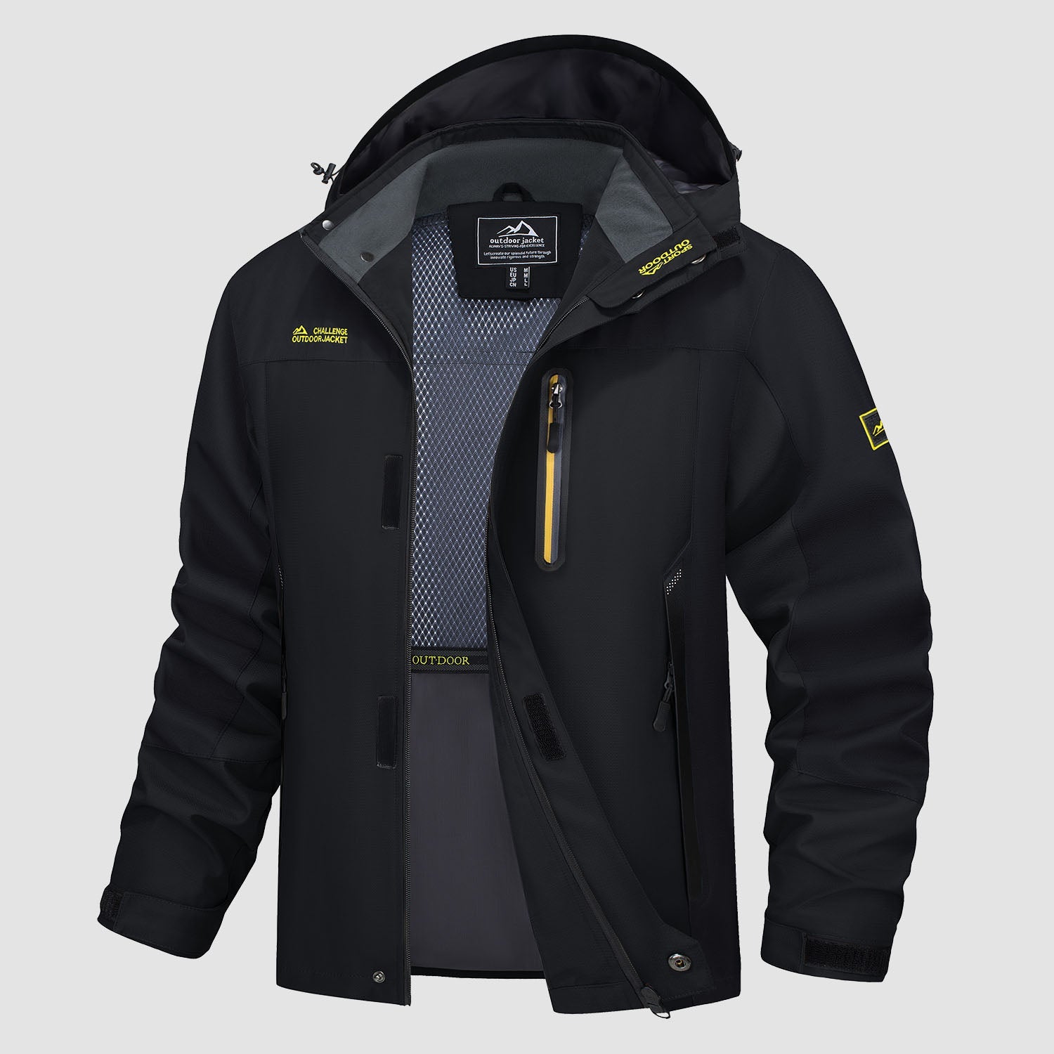 Men's lightweight windproof hiking jacket, water-resistant shell with storm hood and 5-pocket design