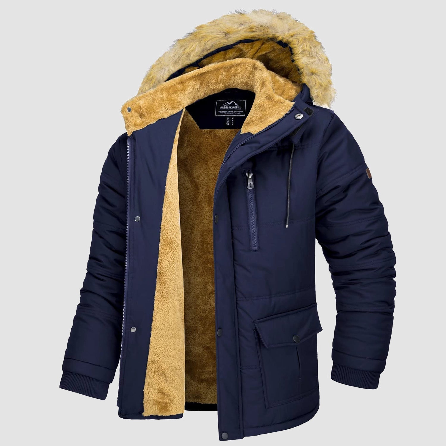 Men's olive puffer parka jacket with fleece lining and detachable faux fur hood for winter warmth