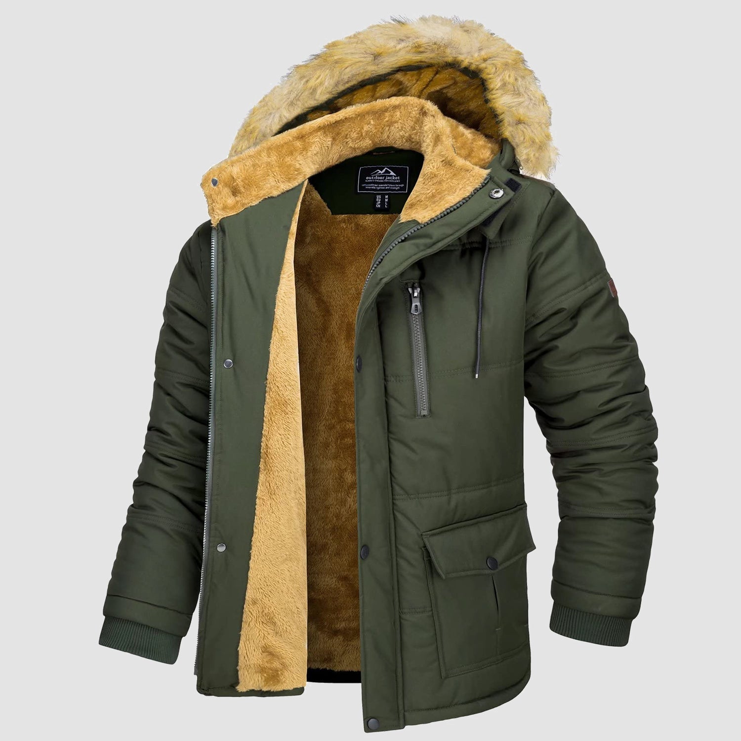 Men's navy fleece-lined hooded parka jacket windproof puffer coat with button-zip closure