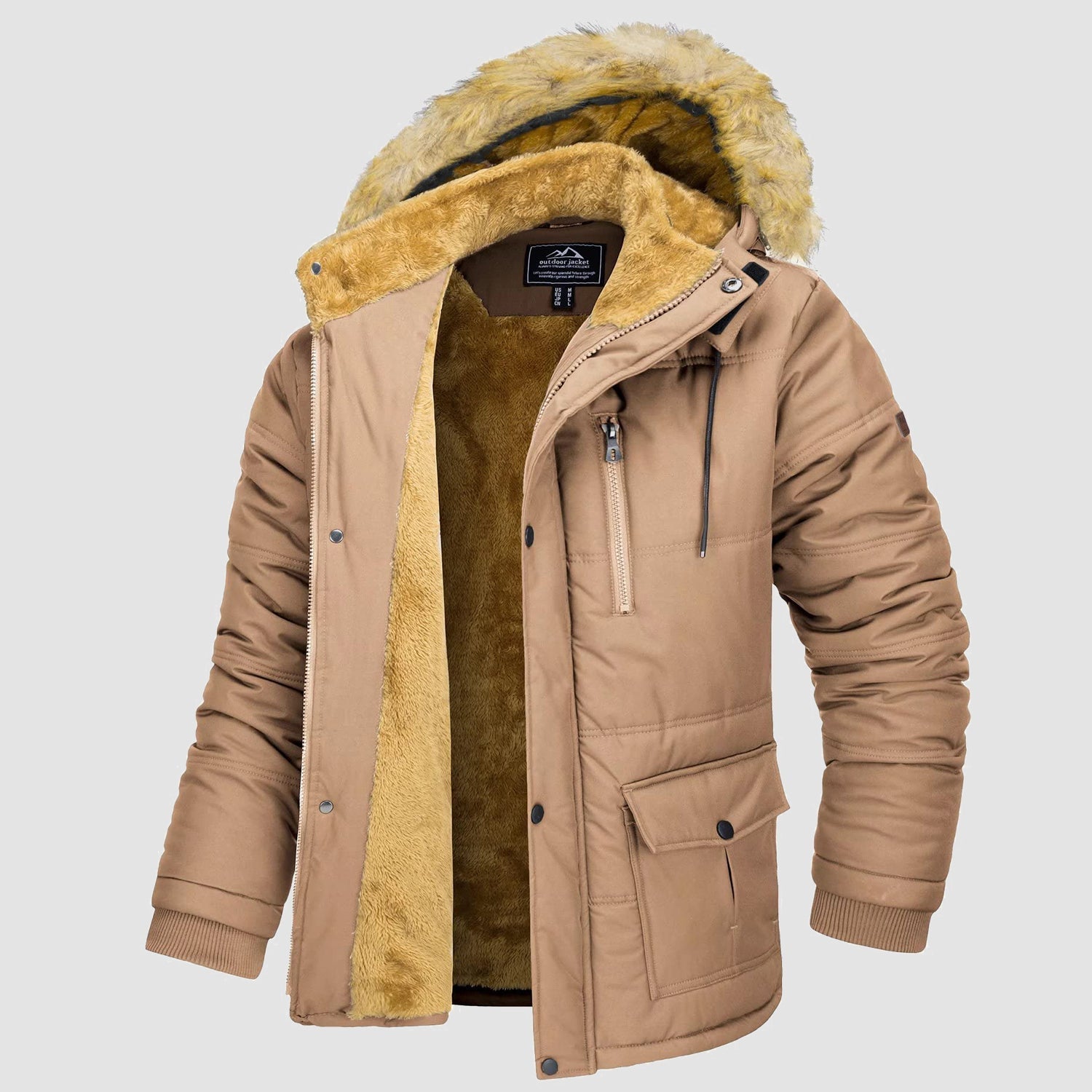 Men's navy puffer parka jacket with fleece lining and detachable faux fur hood