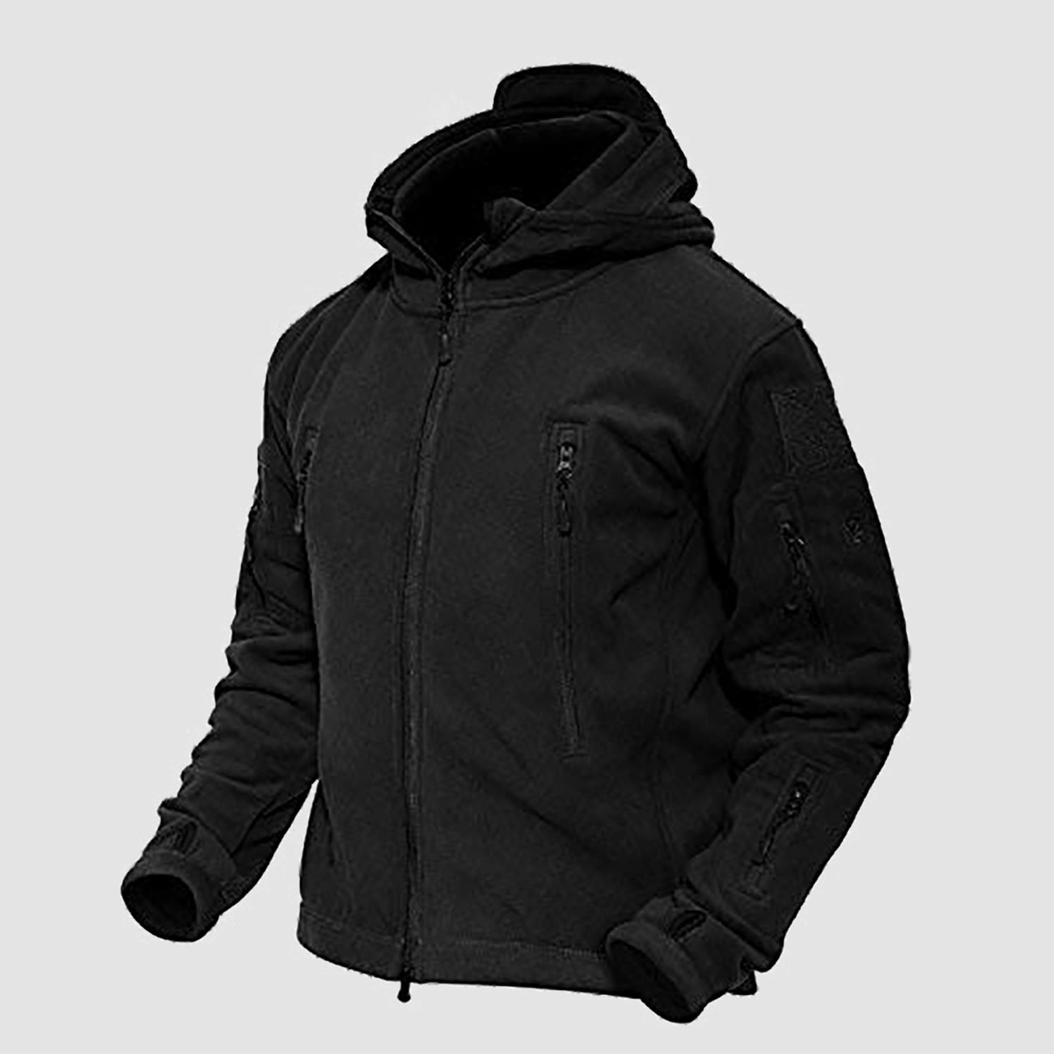 Men's military tactical fleece hooded jacket olive green windproof 6 zip pockets urban fit
