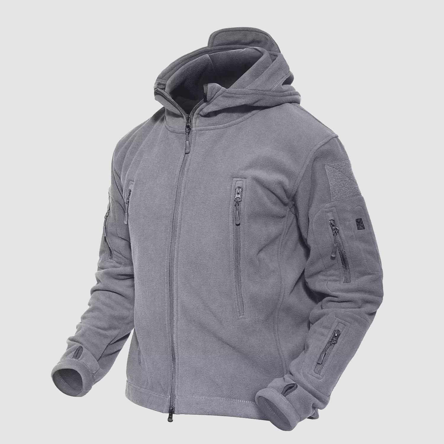 Men's military tactical fleece hooded jacket with 6 zip pockets, windproof warmth