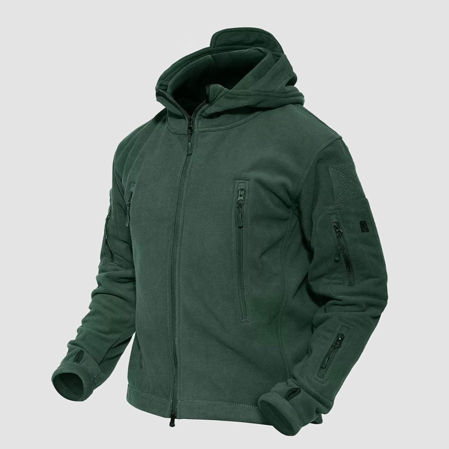 Men's military tactical fleece hooded jacket olive green windproof 6 zip pockets urban fit