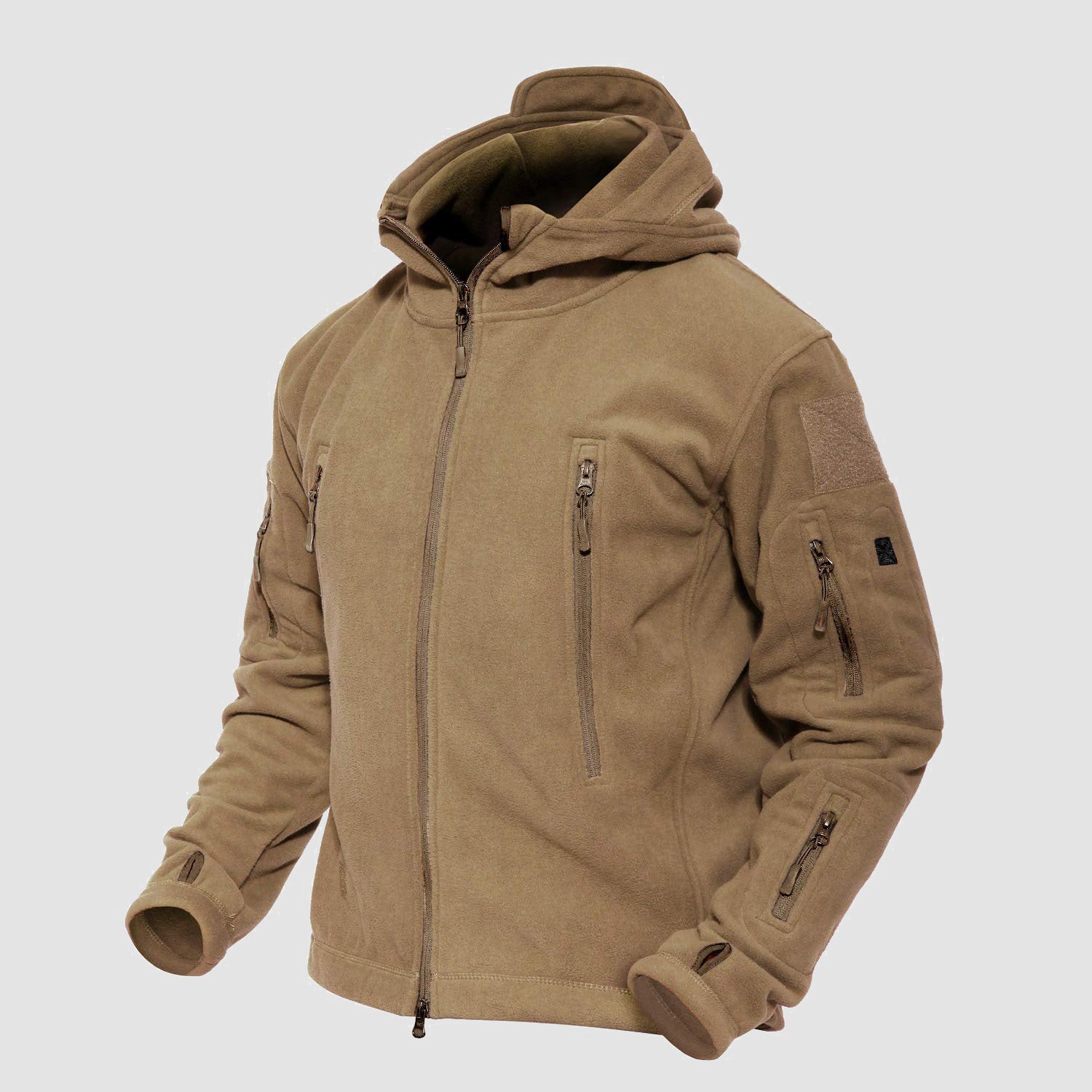 Men's military tactical fleece hooded jacket with 6 zip pockets, windproof warmth