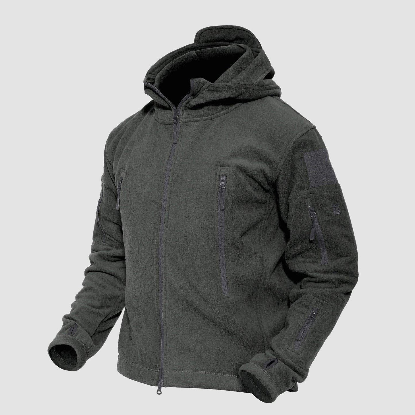 Men's military tactical fleece hooded jacket olive green windproof with 6 zip pockets