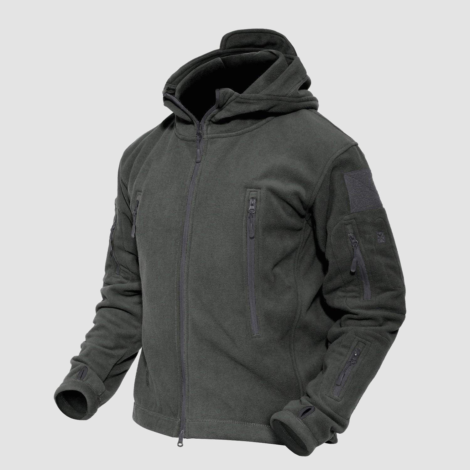 Men's military tactical fleece hooded jacket olive green windproof with 6 zip pockets