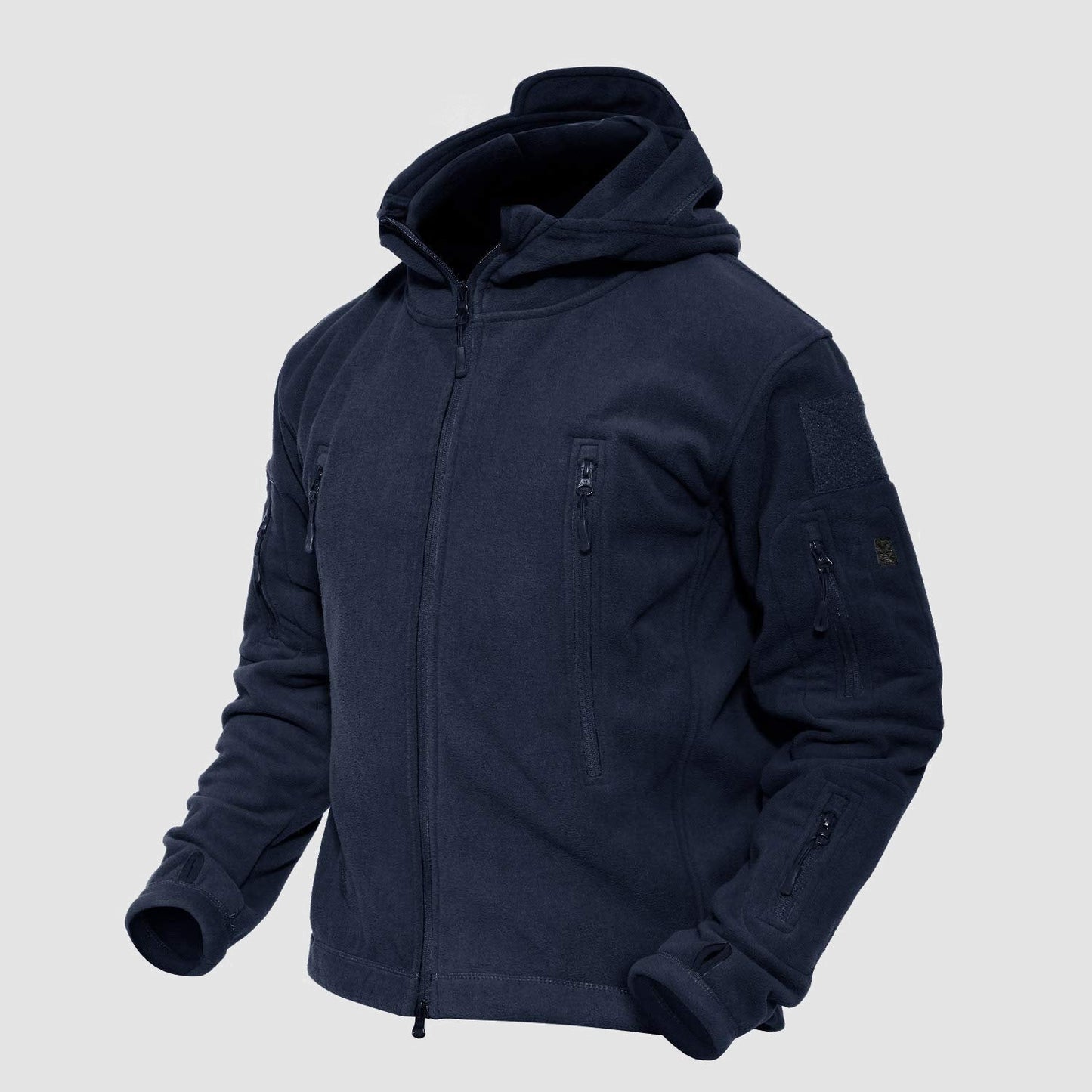 Men's military tactical fleece hooded jacket olive green windproof 6 zip pockets urban fit