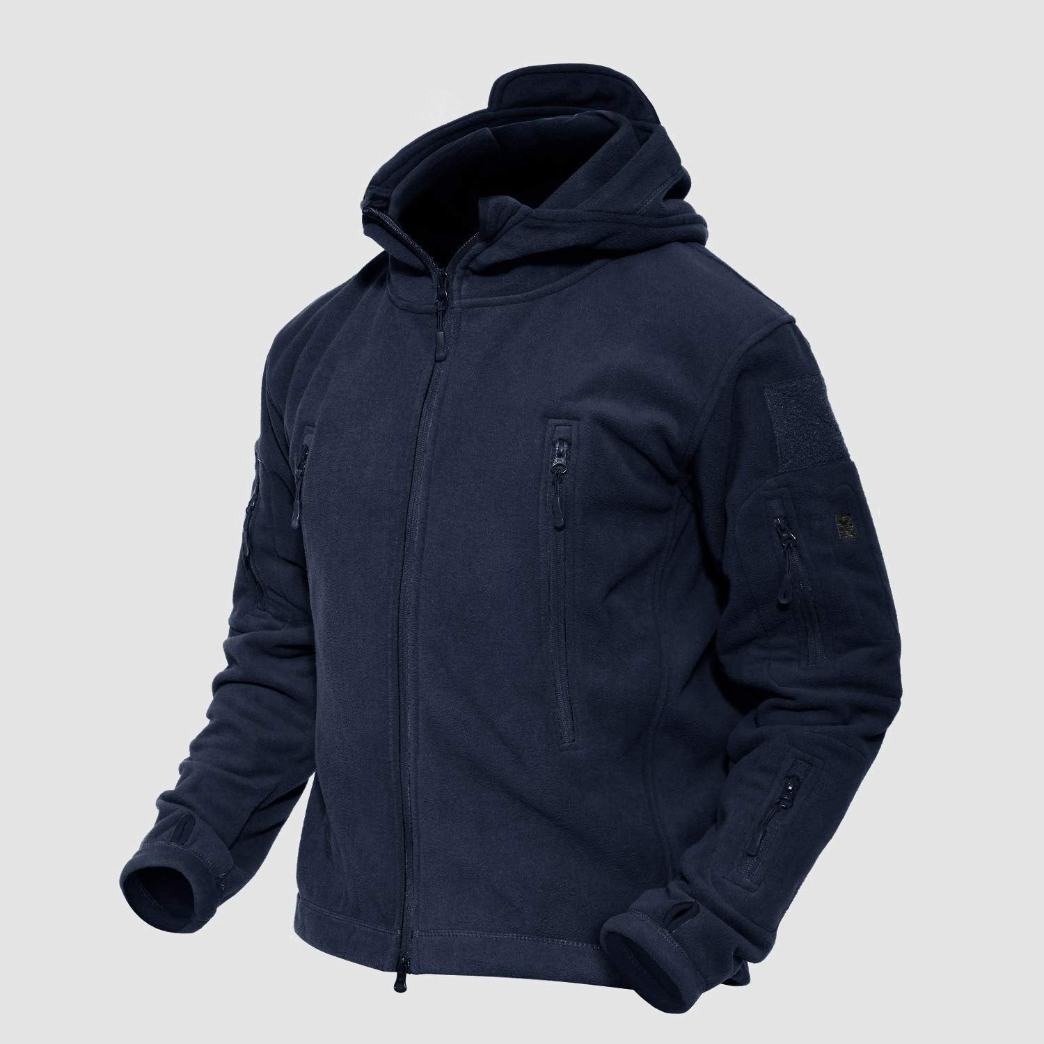 Men's military tactical fleece hooded jacket olive green windproof 6 zip pockets urban fit
