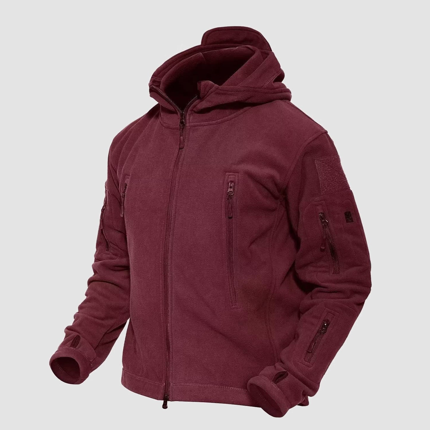Men's military tactical fleece hooded jacket olive green windproof 6-zip pockets urban fit