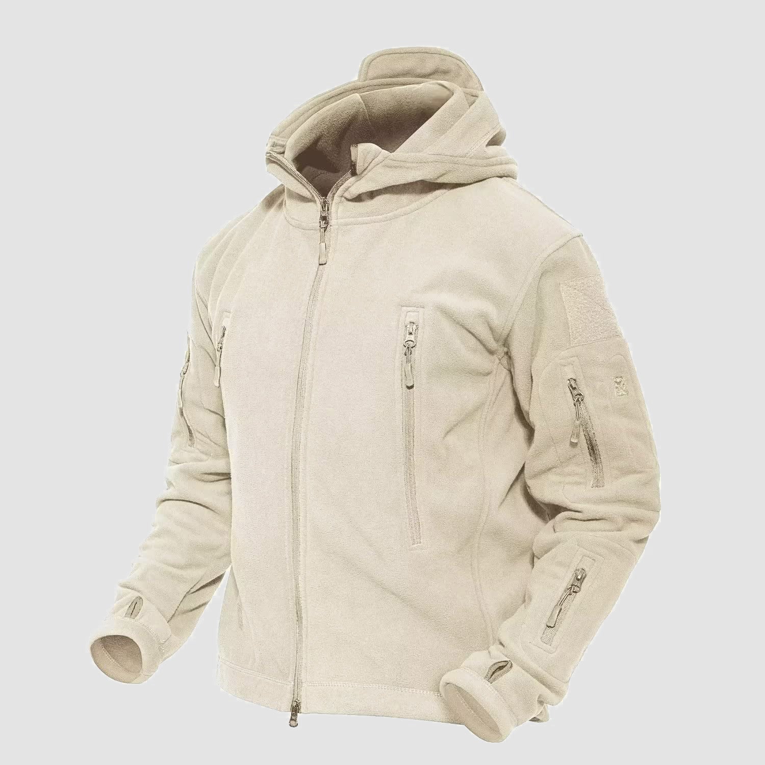 Men's military tactical fleece hooded jacket olive green windproof 6 zip pockets urban fit