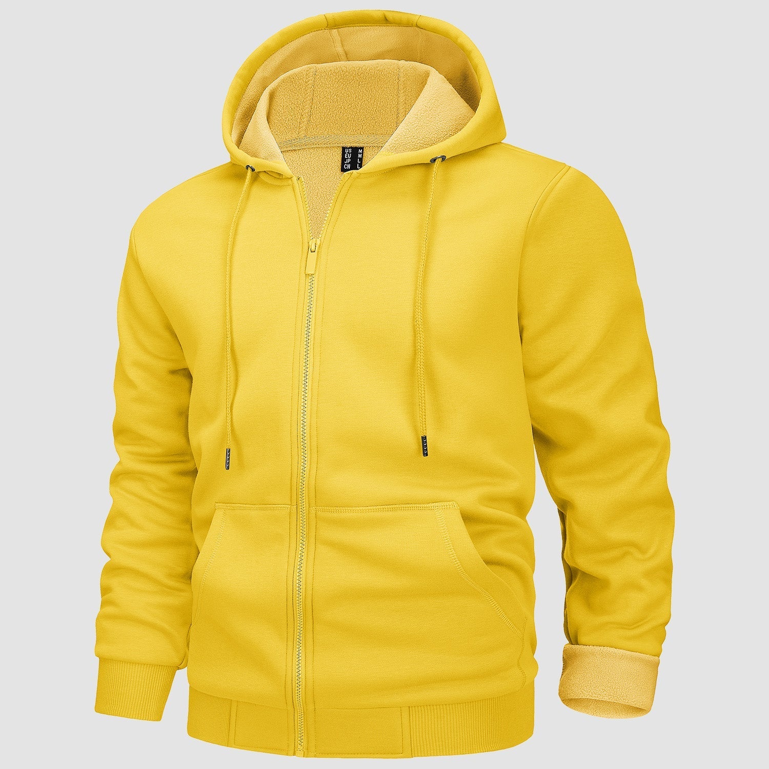 Men's fleece bomber zip-up hoodie in neutral tone, casual streetwear style with soft fleece lining