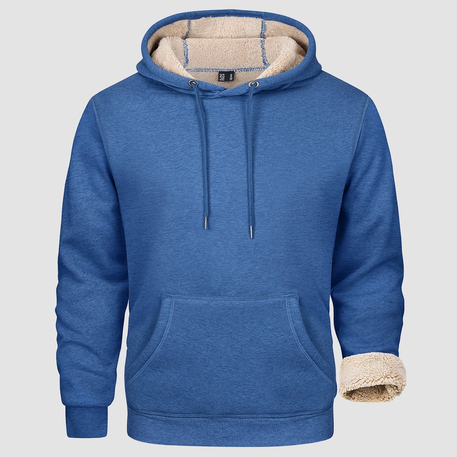 Men's fleece pullover hoodie with sherpa lining, relaxed fit, durable stitching, cozy everyday warmth