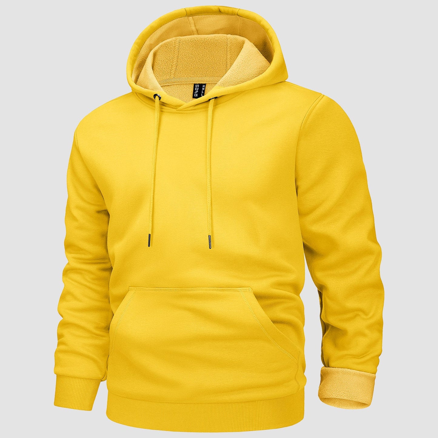 Men's gray fleece-lined workout hoodie with kangaroo pocket, flexible fit for outdoor training