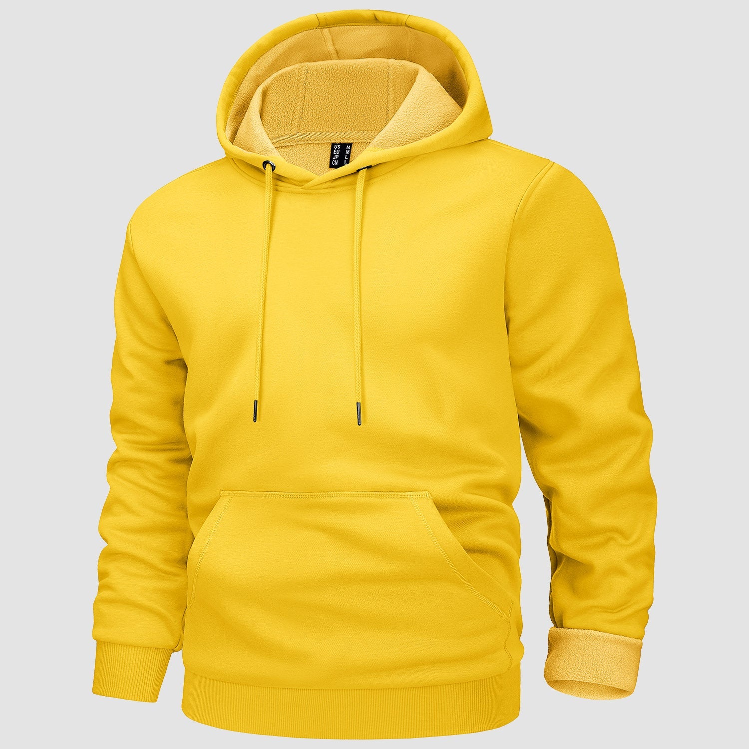 Men's gray fleece-lined workout hoodie with kangaroo pocket, flexible fit for outdoor training