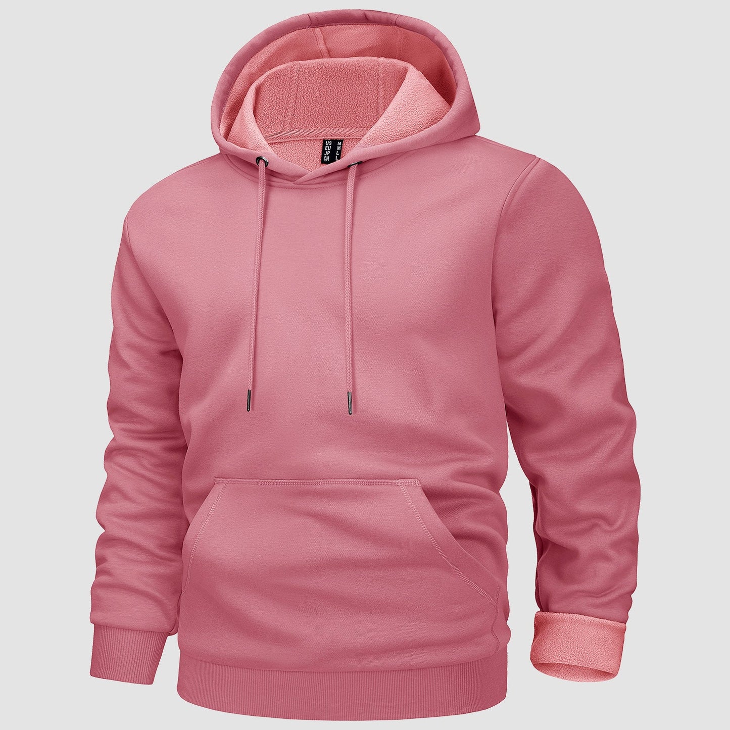 Men's gray fleece-lined workout hoodie with kangaroo pocket, flexible fit for outdoor training