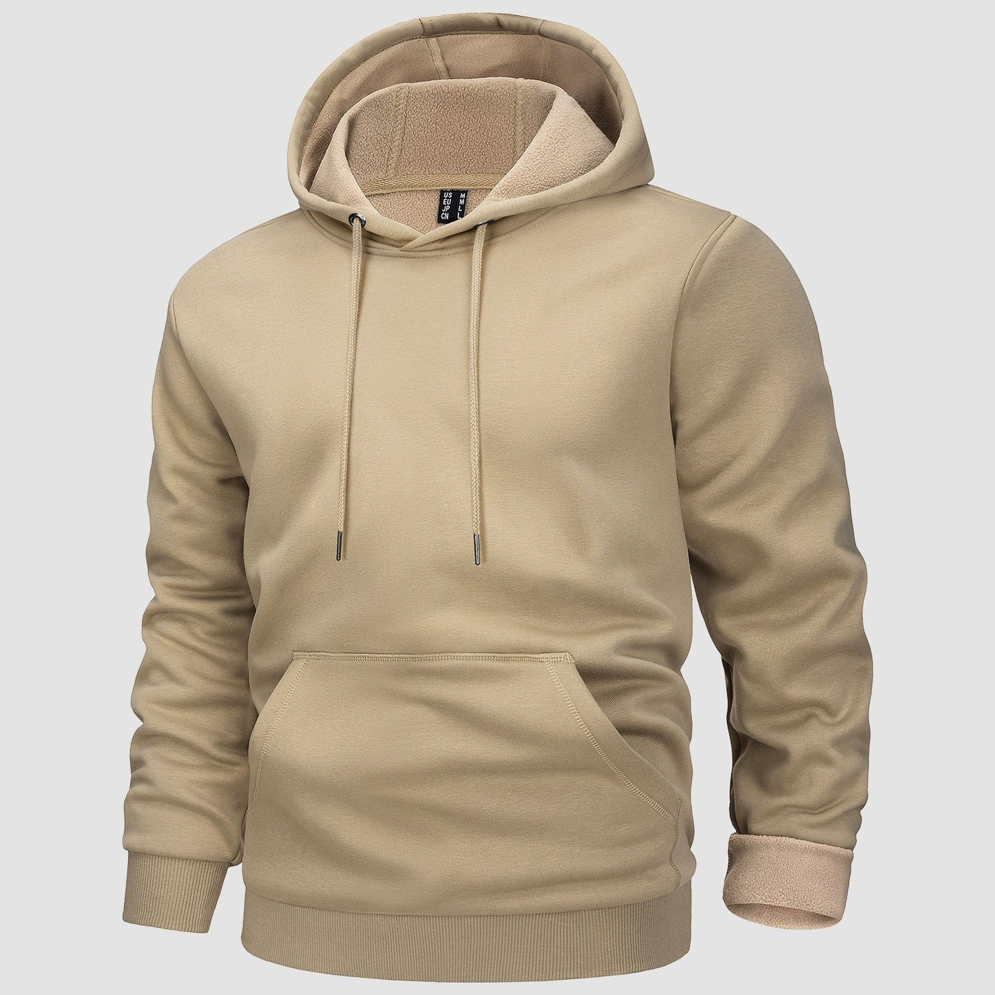 Men's fleece-lined workout hoodie with kangaroo pocket, athletic fit, soft gray warm layer