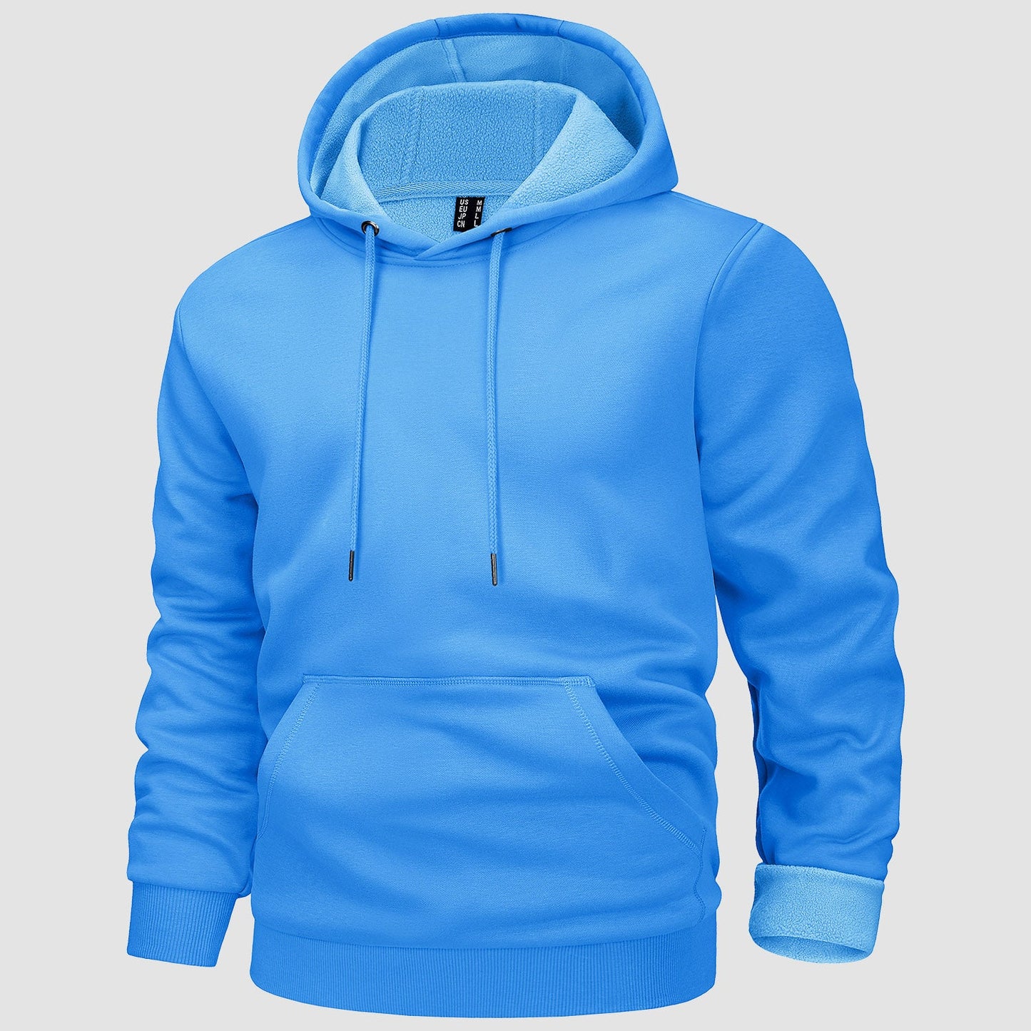 Men's fleece-lined workout hoodie with kangaroo pocket, flexible fit for outdoor training warmth