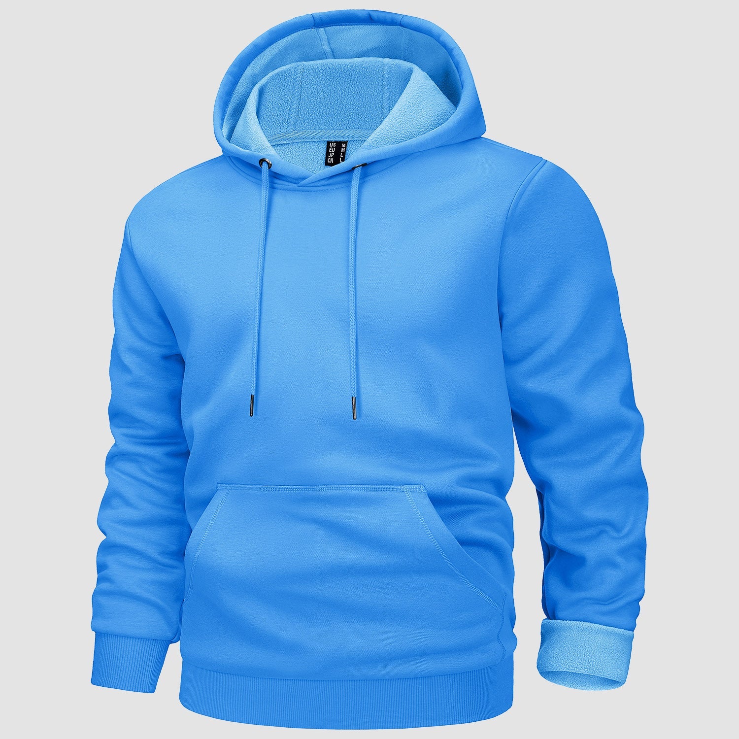 Men's fleece-lined workout hoodie with kangaroo pocket, flexible fit for outdoor training warmth