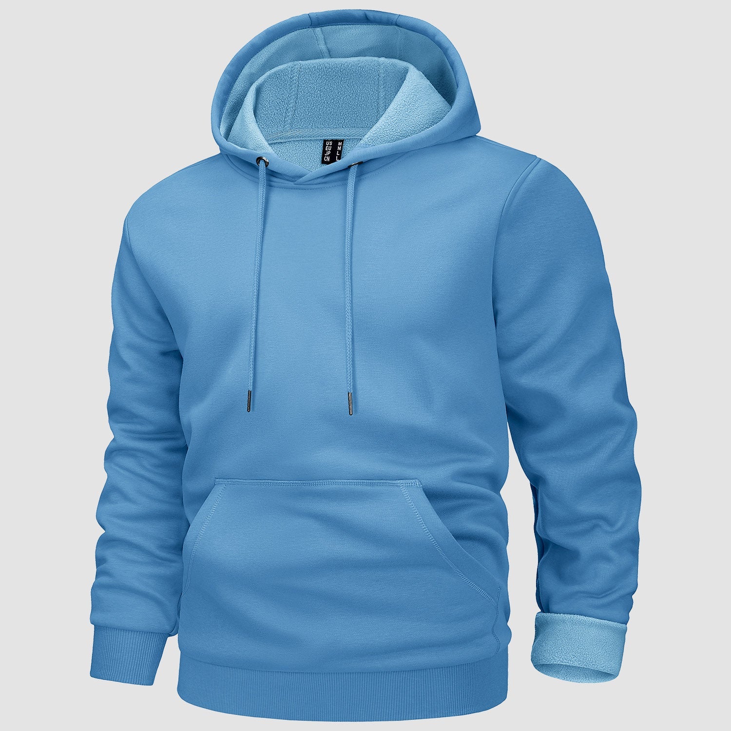 Men's gray fleece-lined workout hoodie with kangaroo pocket, flexible fit for outdoor training