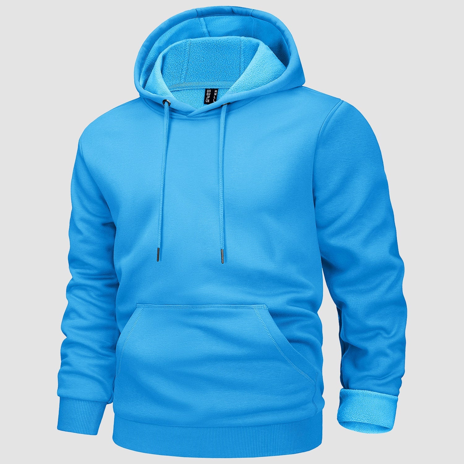 Men's gray fleece-lined workout hoodie with kangaroo pocket, flexible fit for cold-weather training