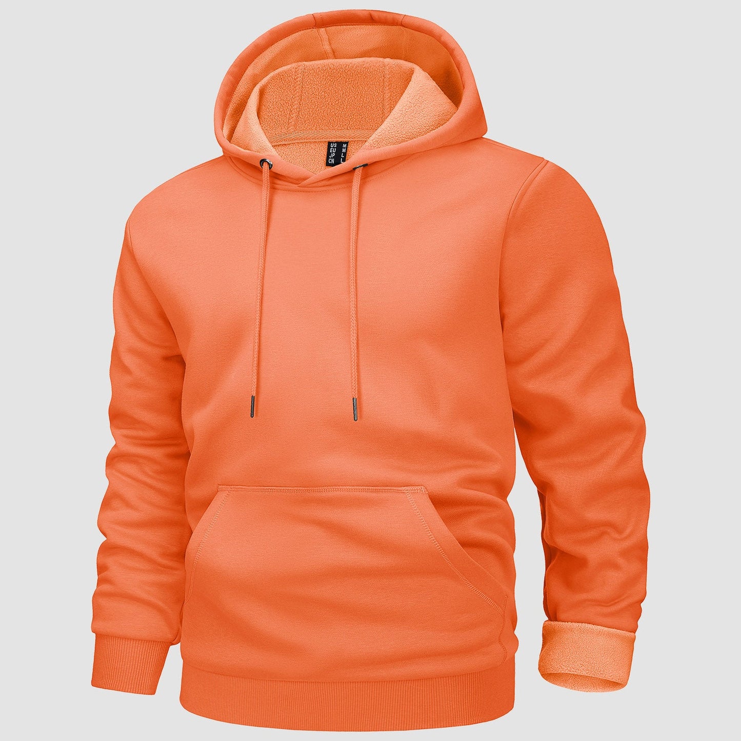 Men's gray fleece-lined workout hoodie with kangaroo pocket, flexible fit for cold-weather training