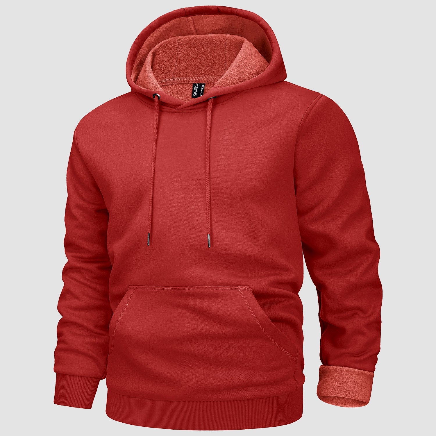 Men's gray fleece-lined workout hoodie with kangaroo pocket, flexible fit for cold-weather training