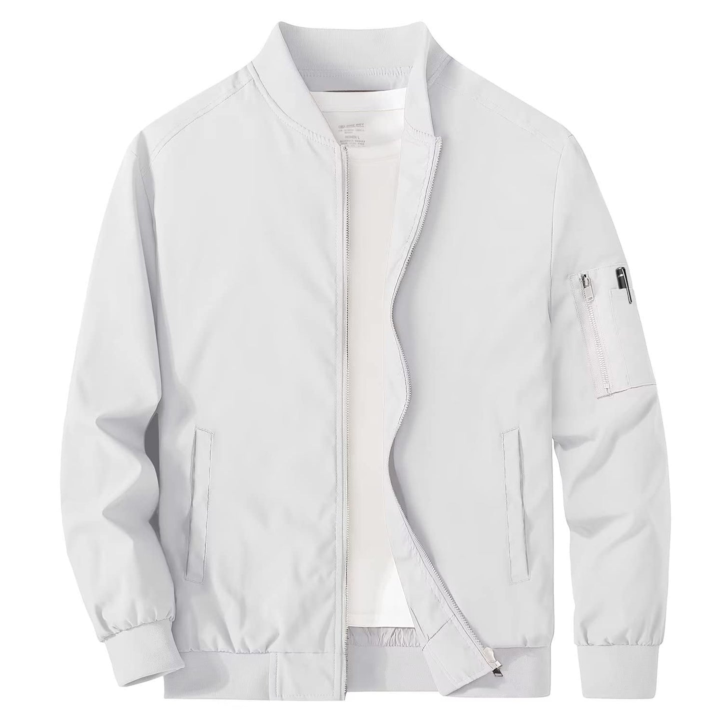 Men's lightweight windproof bomber jacket with multi-pocket utility and zippered sleeve pockets