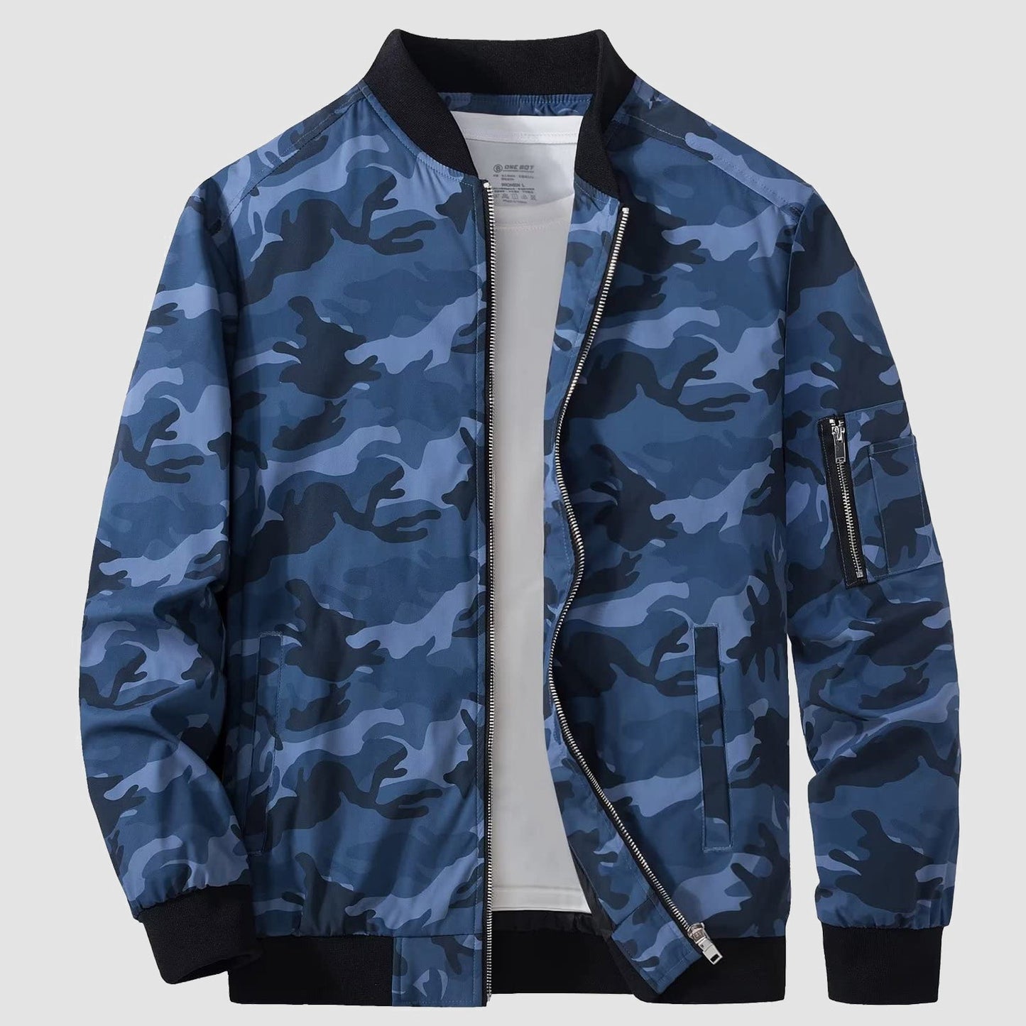 Men's lightweight windproof bomber jacket with multi-pocket utility and zippered sleeve pockets