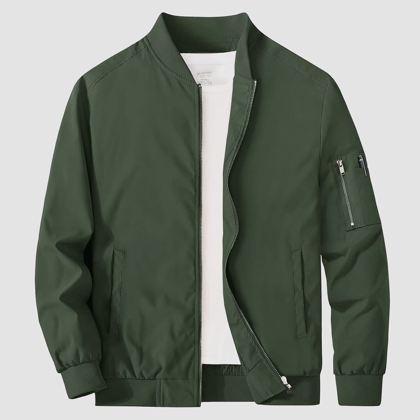 Men's lightweight windproof bomber jacket with multi-pocket utility and zippered sleeve pockets