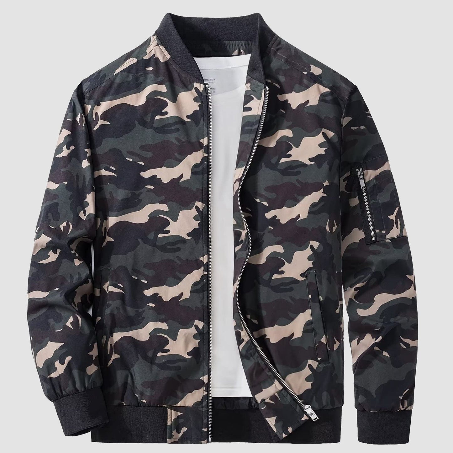 Men's lightweight windproof bomber jacket with multi-pocket utility and zippered sleeve pockets