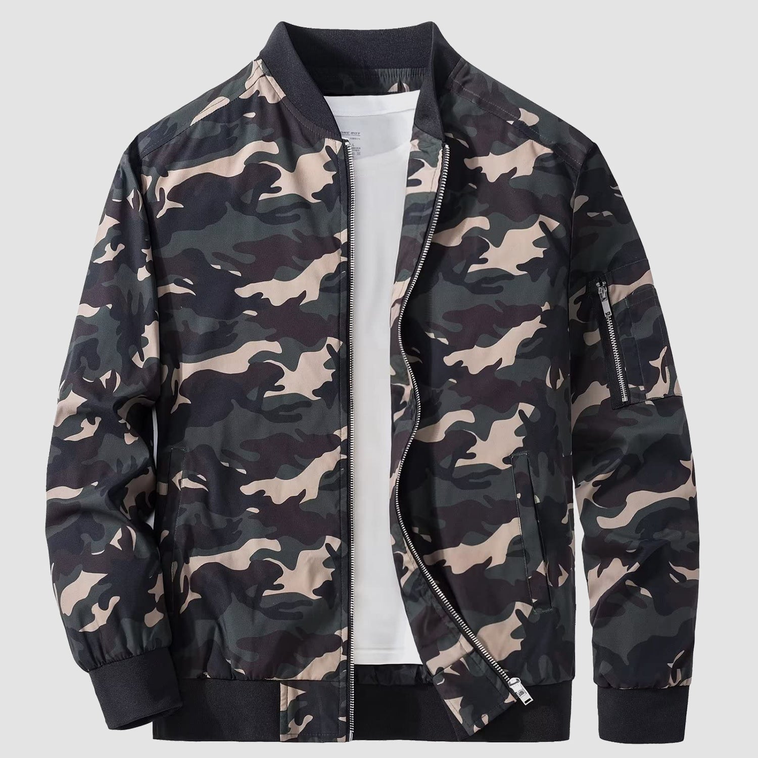 Men's lightweight windproof bomber jacket with multi-pocket utility and zippered sleeve pockets