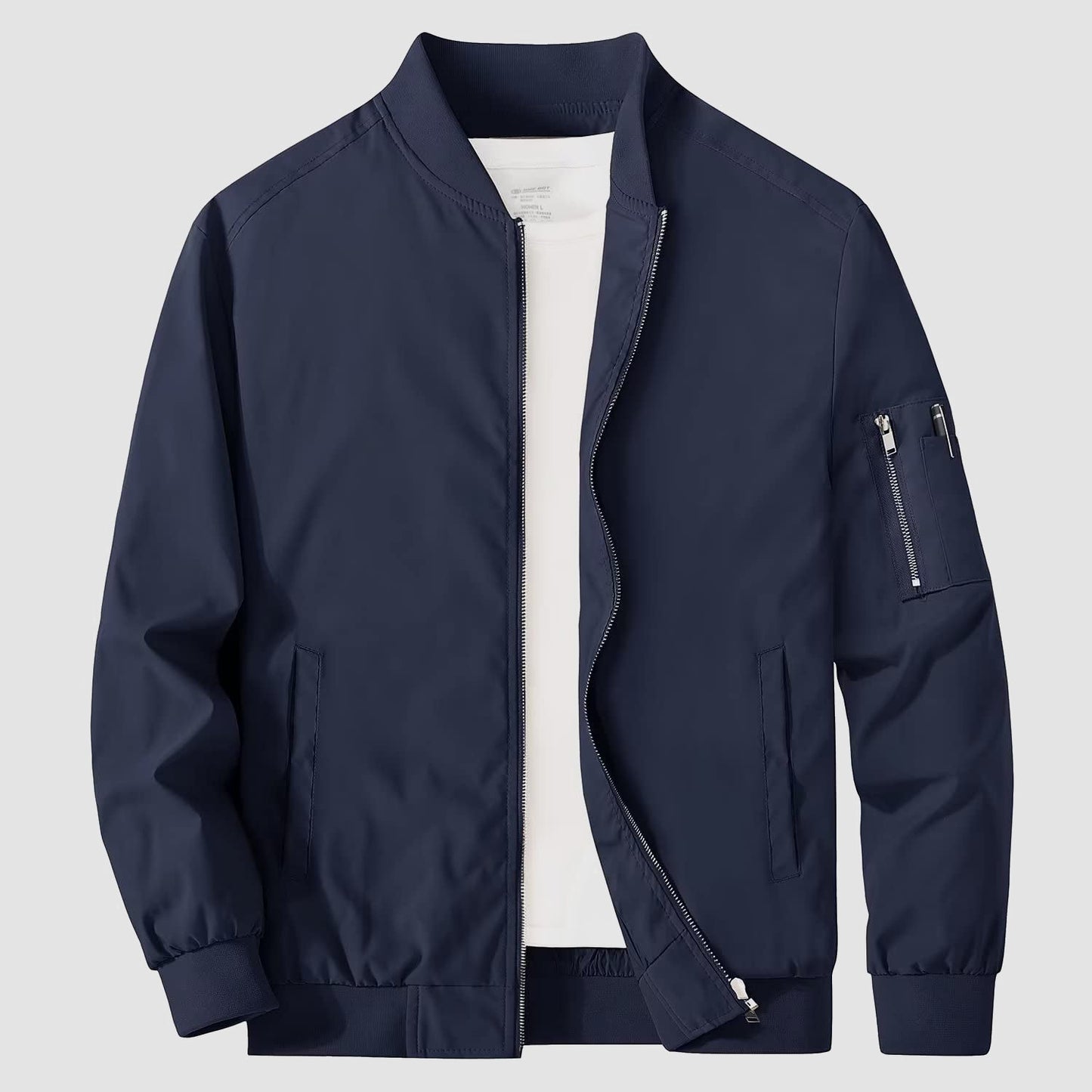 Men's lightweight windproof bomber jacket with multi-pocket utility design and zippered sleeve pockets