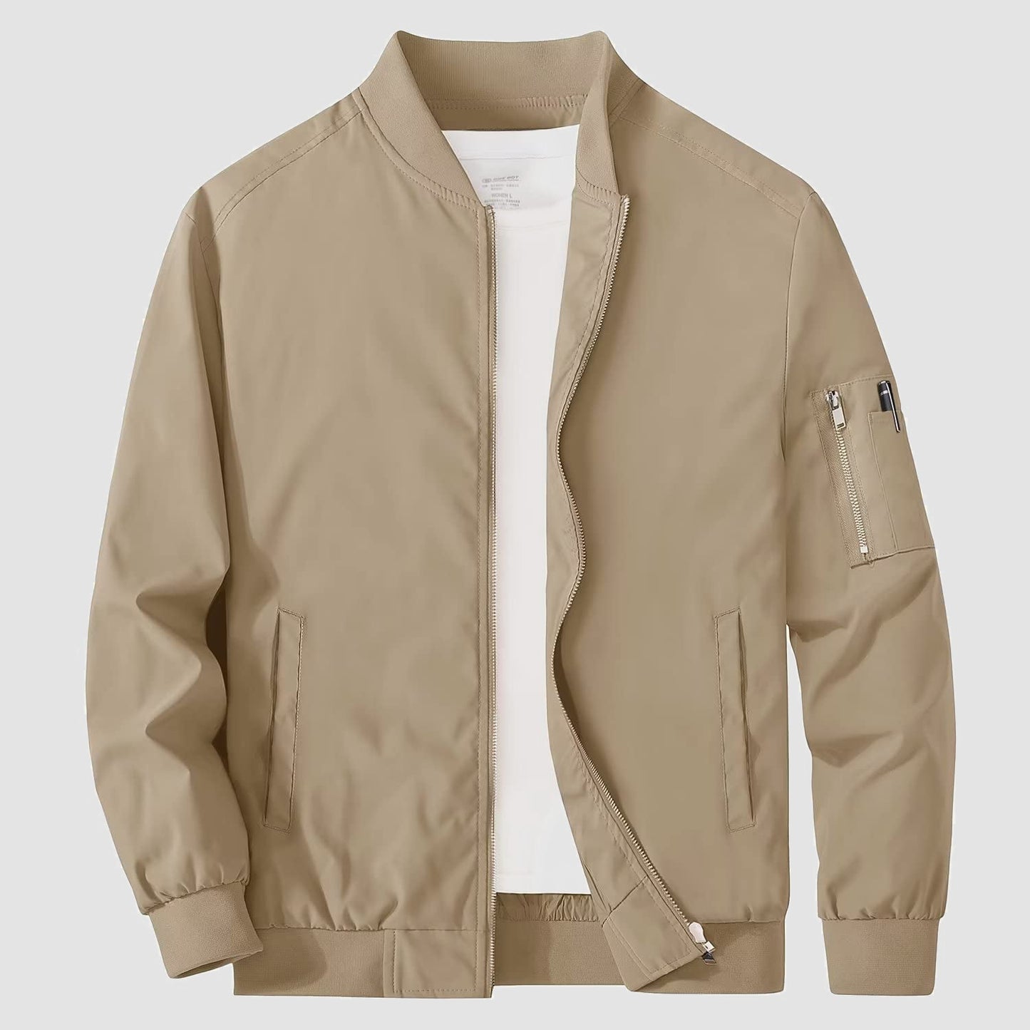 Men's lightweight windproof bomber jacket with multi-pocket utility design and zippered sleeve pockets