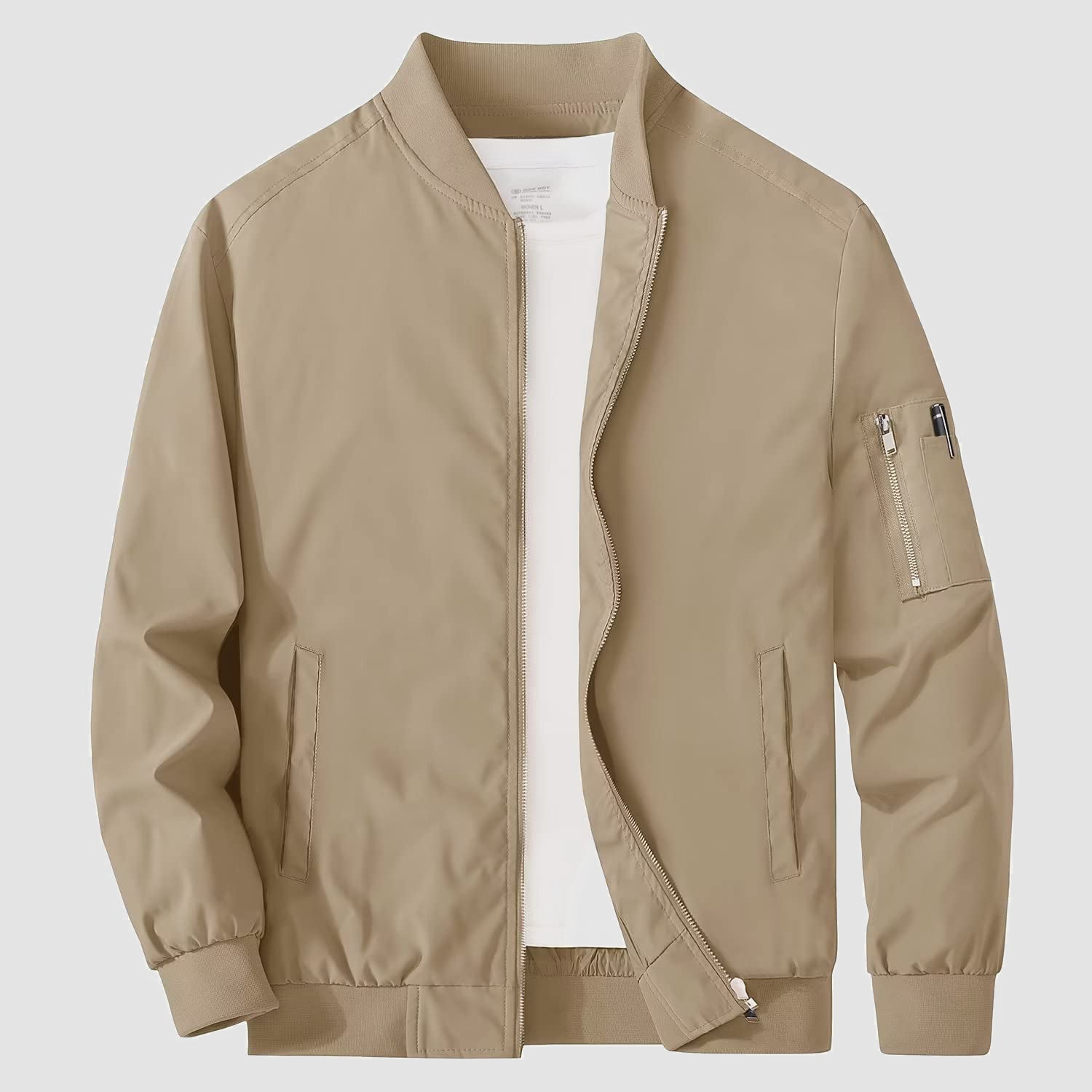 Men's lightweight windproof bomber jacket with multi-pocket utility design and zippered sleeve pockets