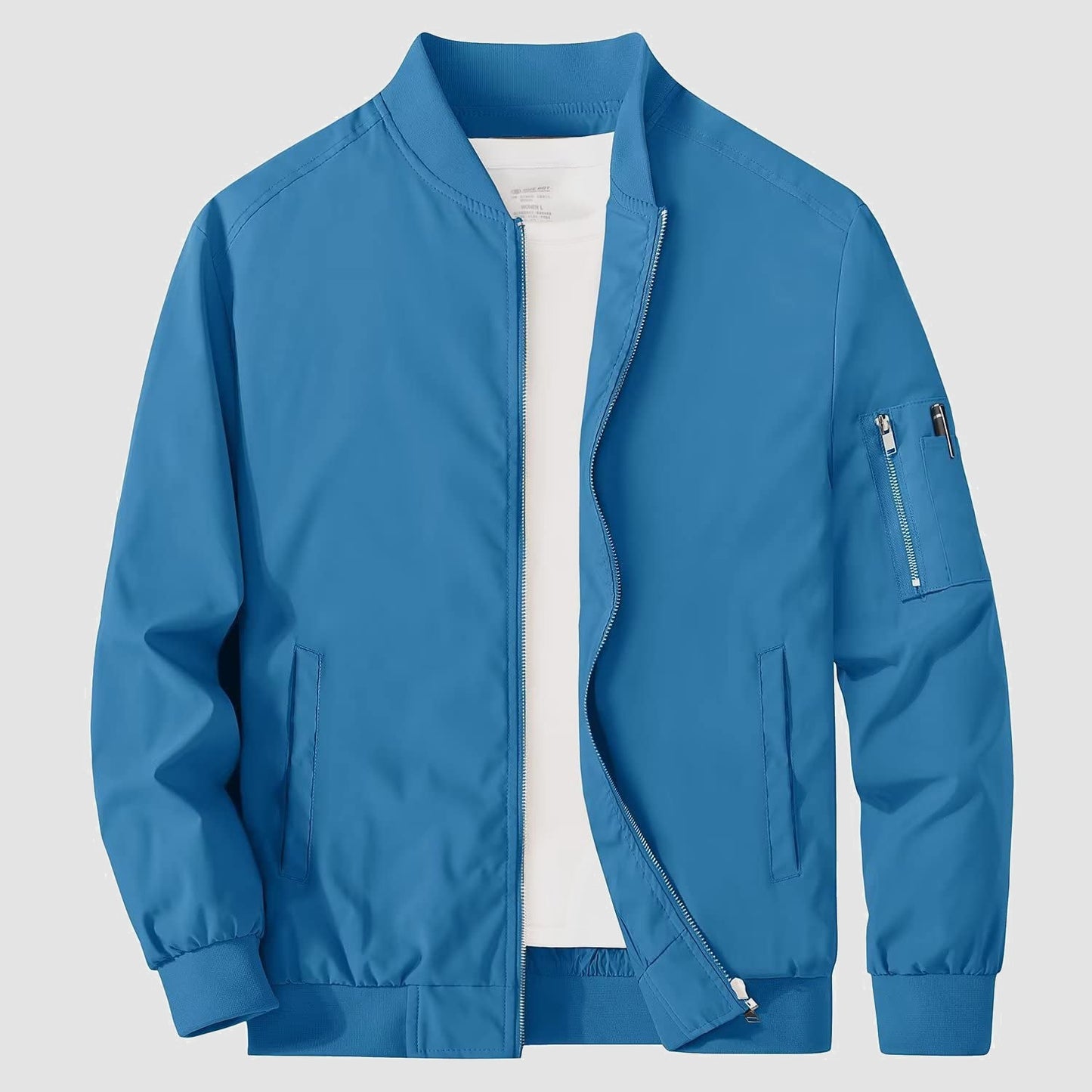 Men's lightweight windproof bomber jacket with multi-pocket utility and zippered sleeve pockets