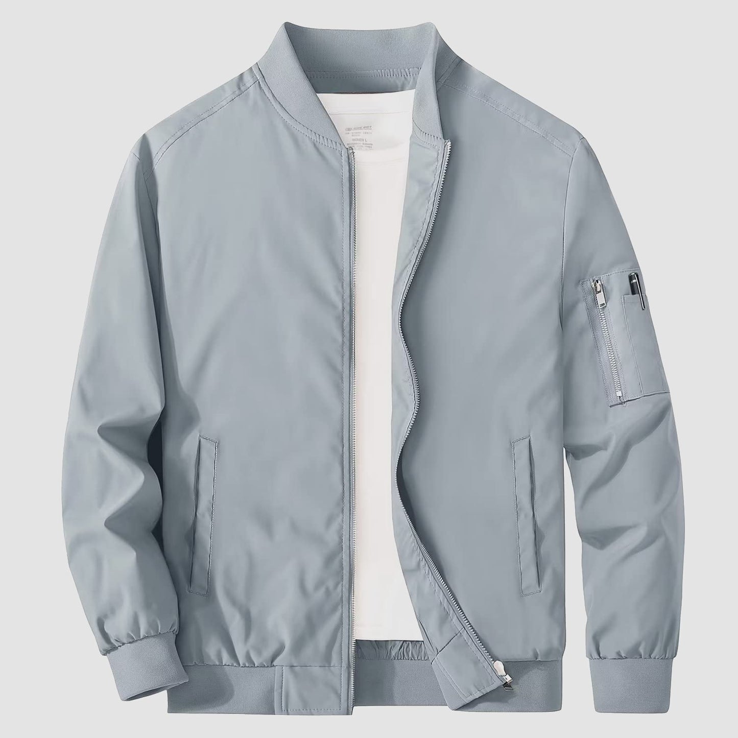 Men's lightweight windproof bomber jacket with multi-pocket utility design and zippered sleeve pockets