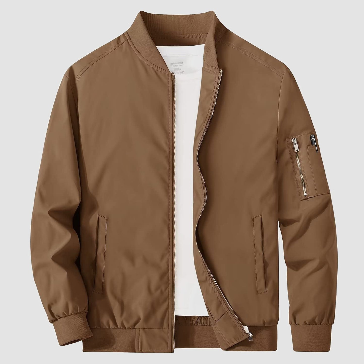 Men's lightweight windproof bomber jacket with multi-pocket utility design and zippered sleeve pockets