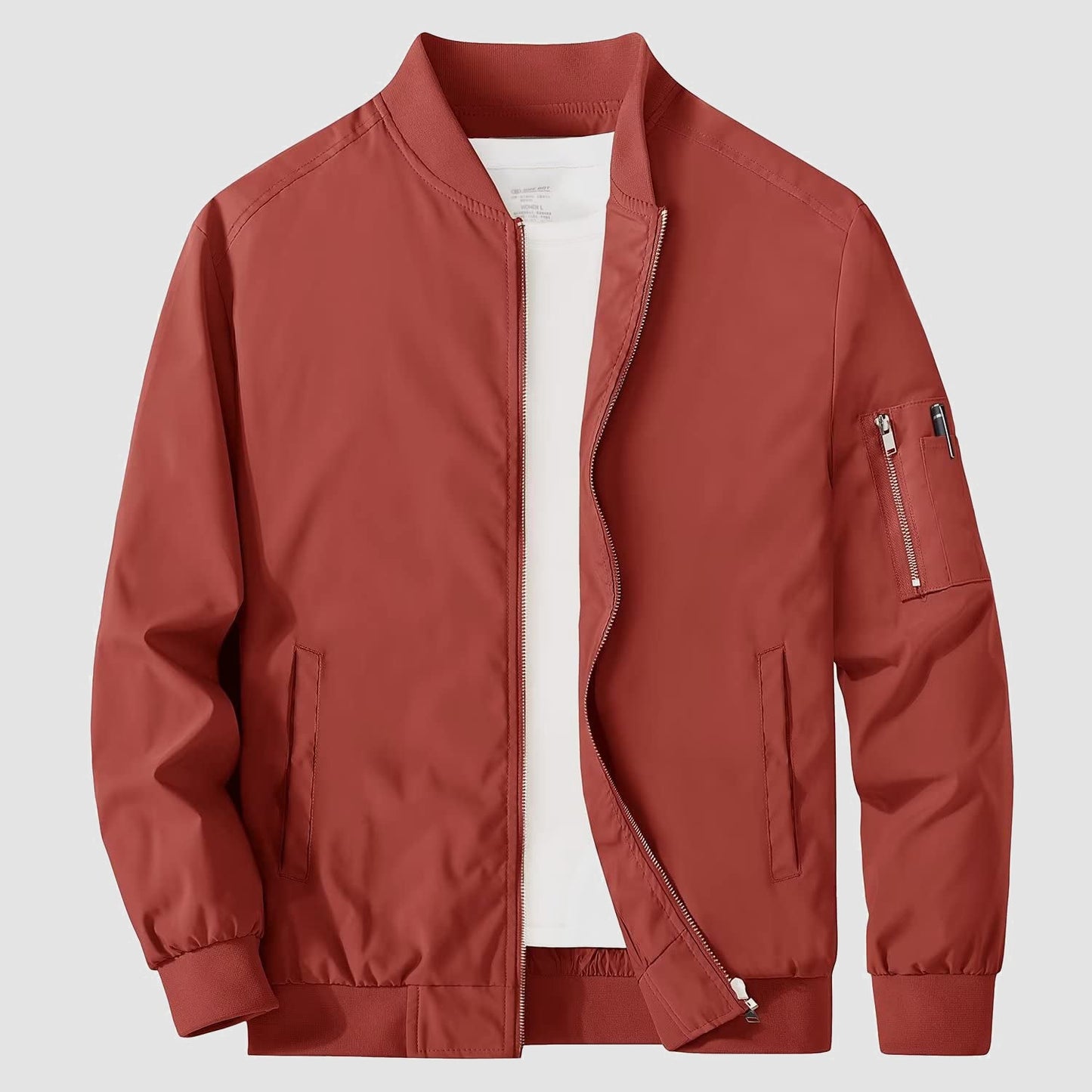 Men's lightweight windproof bomber jacket with multi-pocket utility and zippered sleeve pockets
