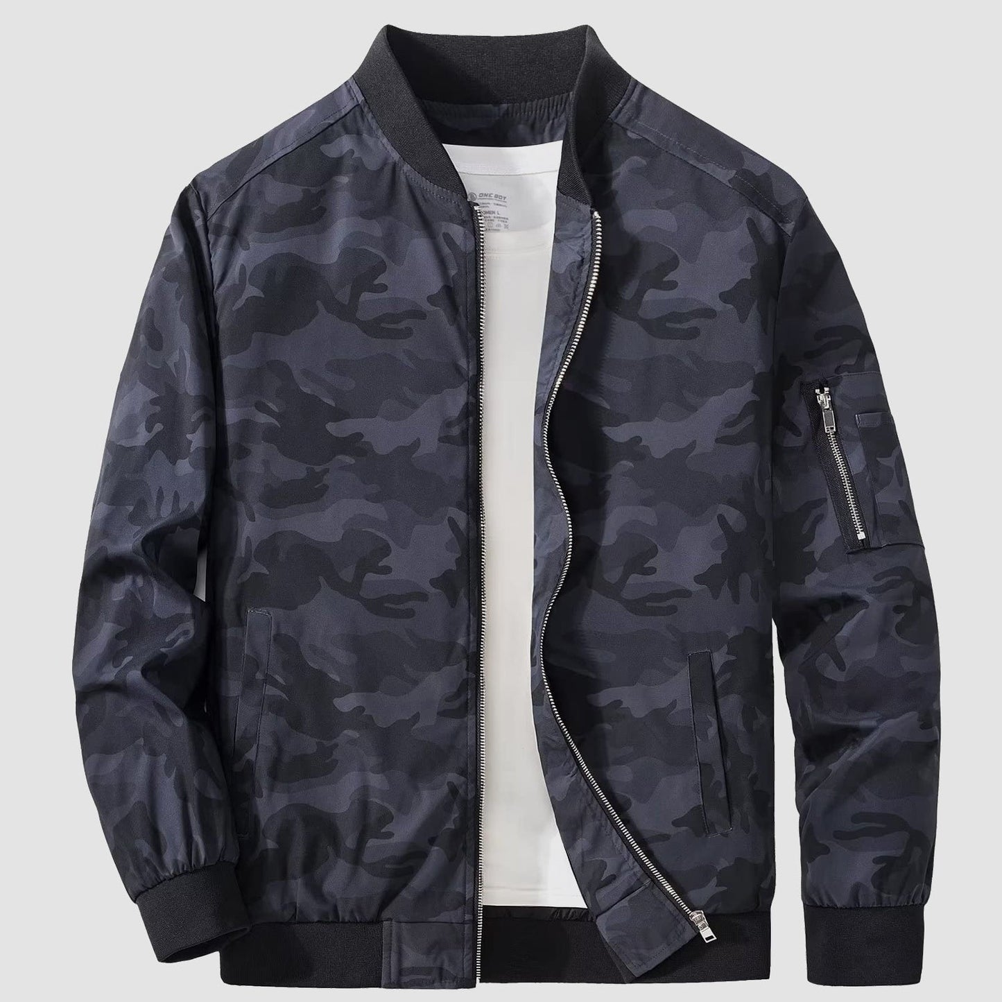 Men's lightweight windproof bomber jacket with multi-pocket utility and zippered sleeve pockets
