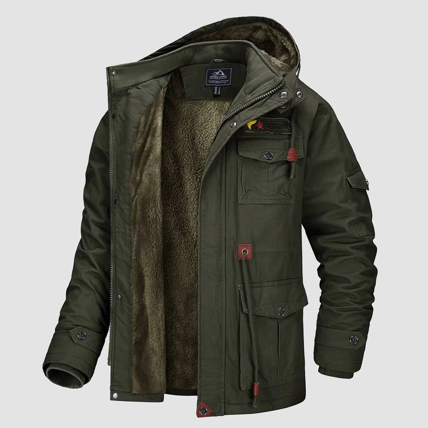 Men's olive green military parka fleece-lined windproof winter jacket with deep cargo pockets