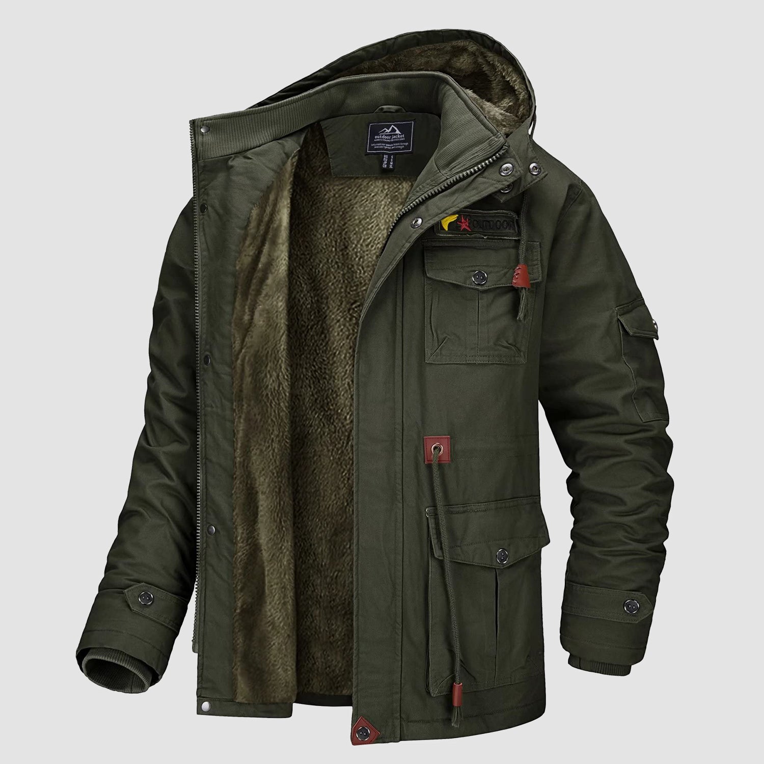 Men's olive green military parka fleece-lined windproof winter jacket with deep cargo pockets