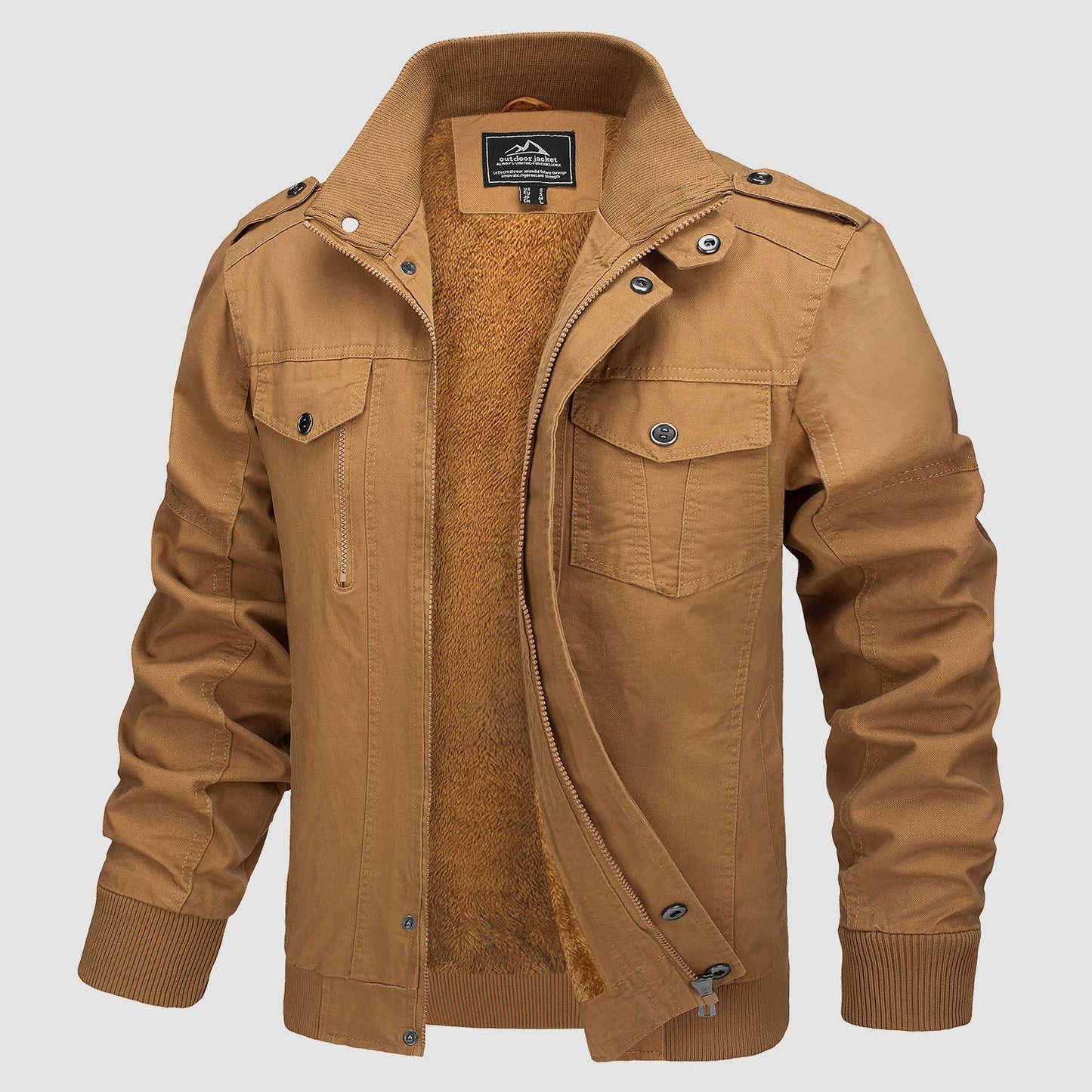 Men's lightweight cotton bomber jacket fleece-lined military style zip-up outerwear in neutral tone