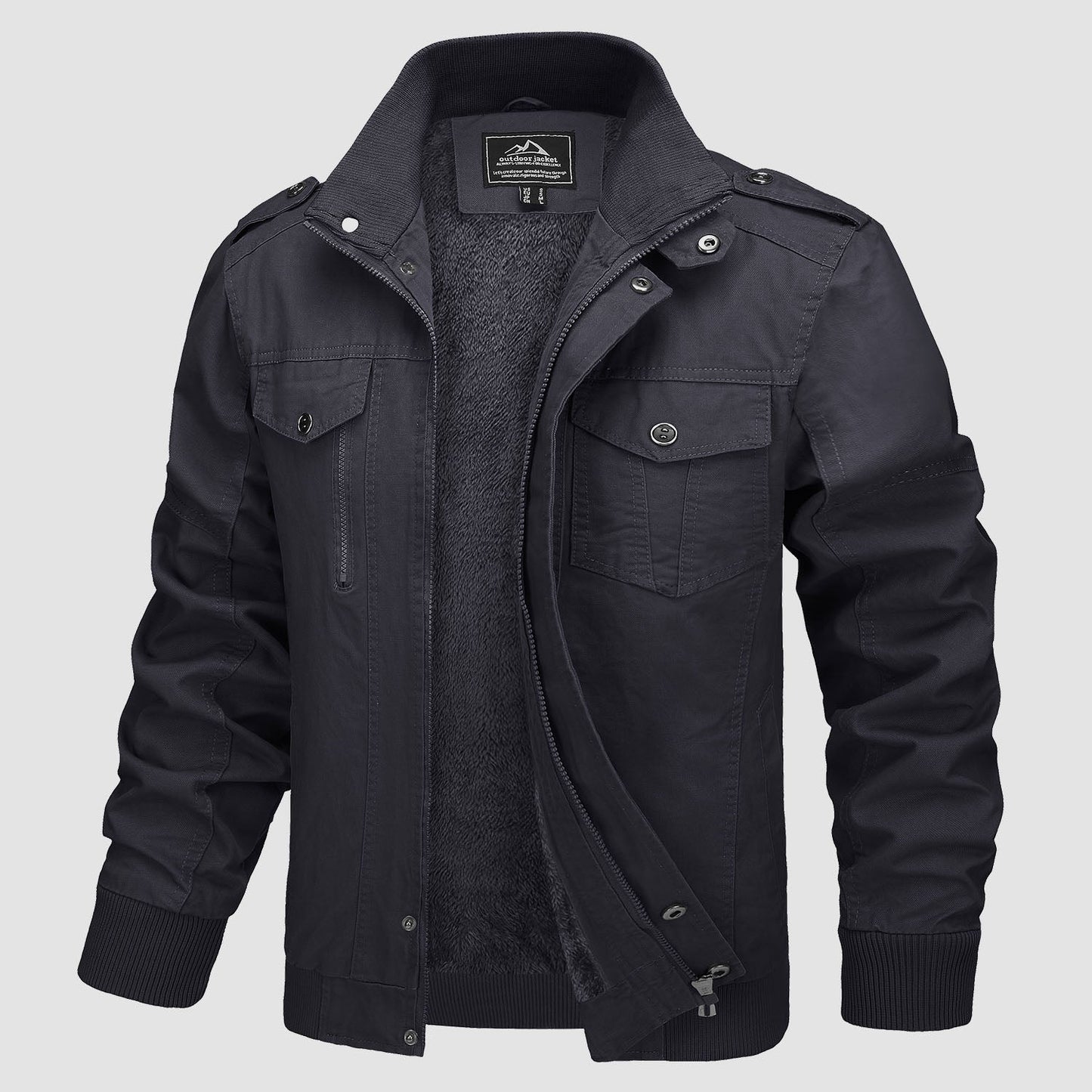 Men's lightweight cotton bomber jacket fleece-lined military style zip-up outerwear in neutral tone