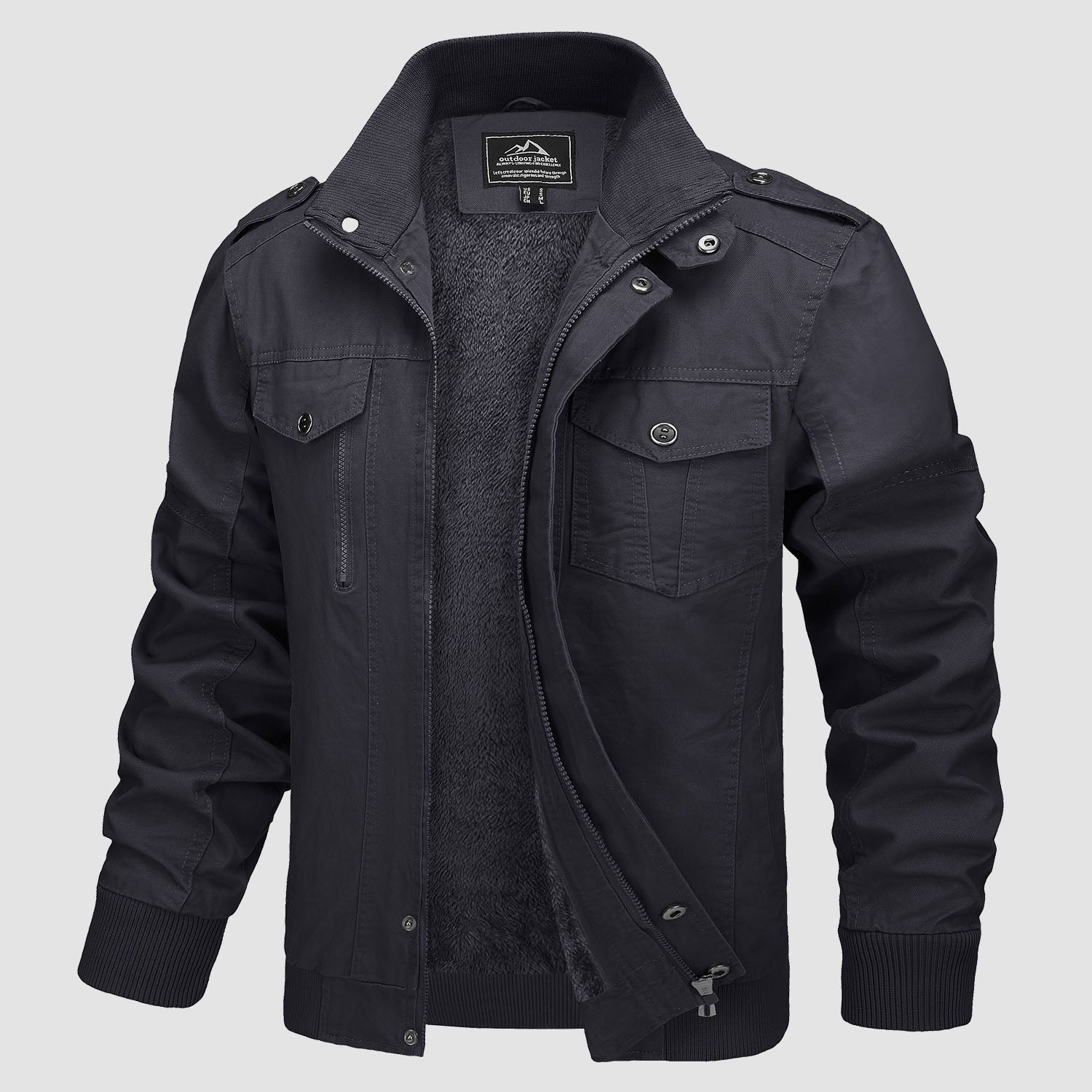 Men's lightweight cotton bomber jacket fleece-lined military style zip-up outerwear in neutral tone
