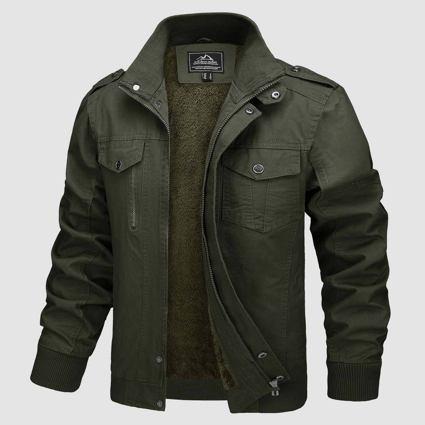 Men's olive military bomber jacket lightweight zip-up with fleece lining and cargo-inspired cotton shell