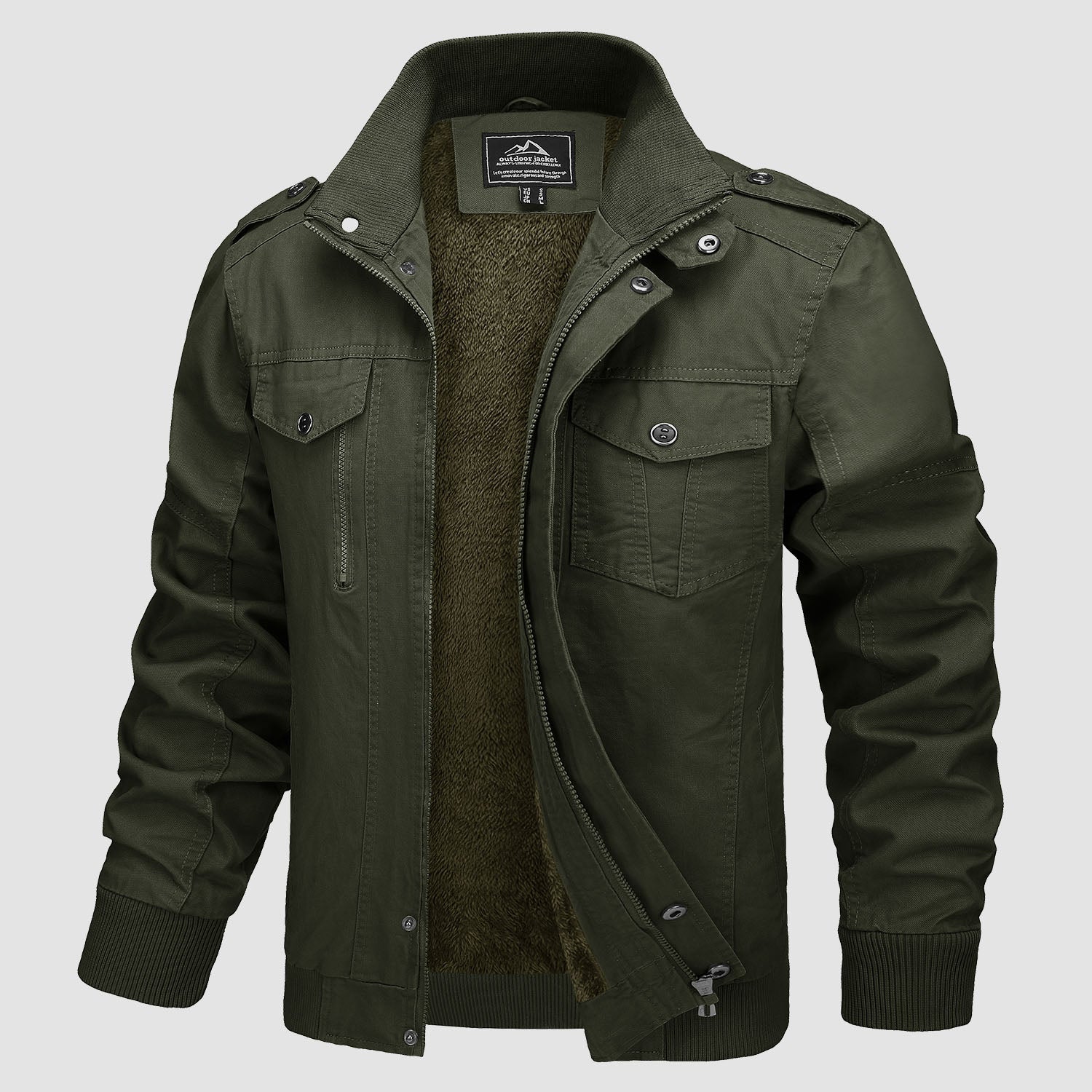 Men's olive military bomber jacket lightweight zip-up with fleece lining and cargo-inspired cotton shell