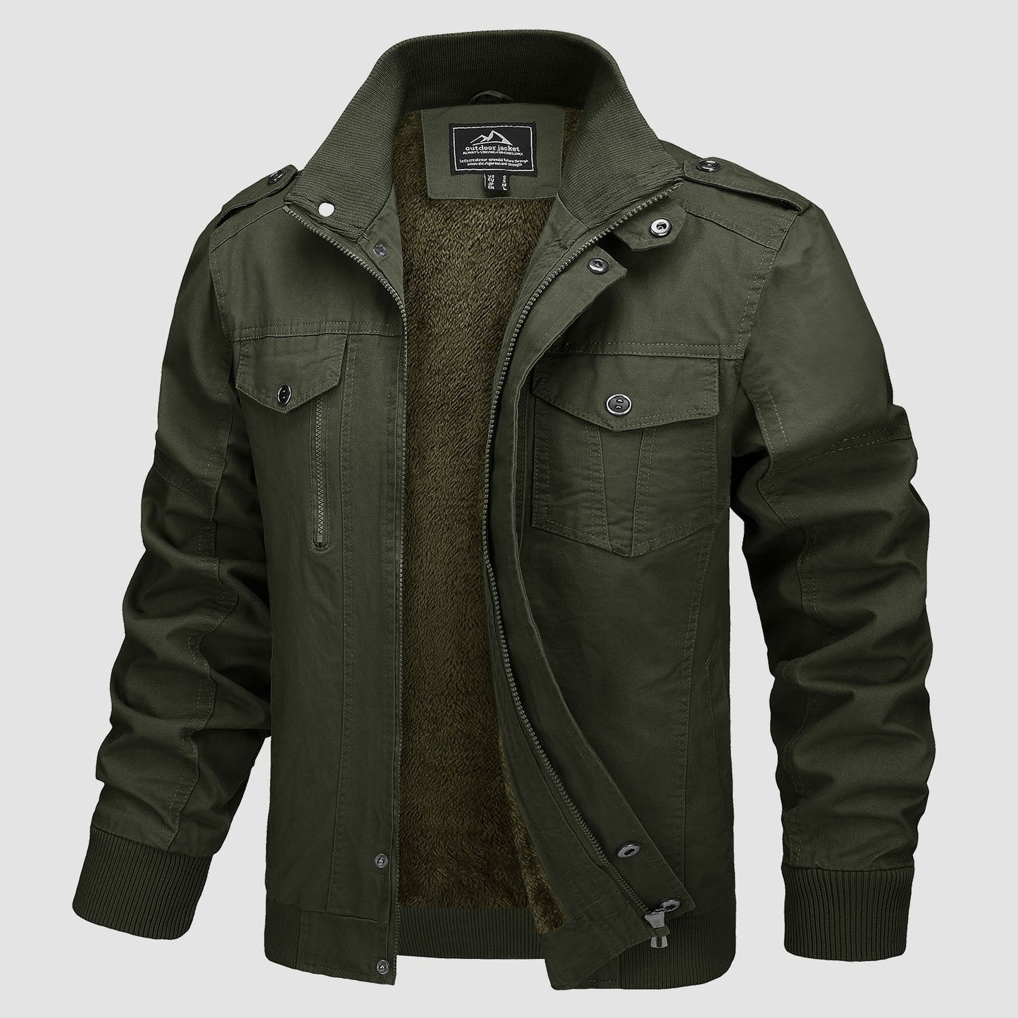 Men's lightweight cotton bomber jacket fleece-lined military style zip-up outerwear in olive green