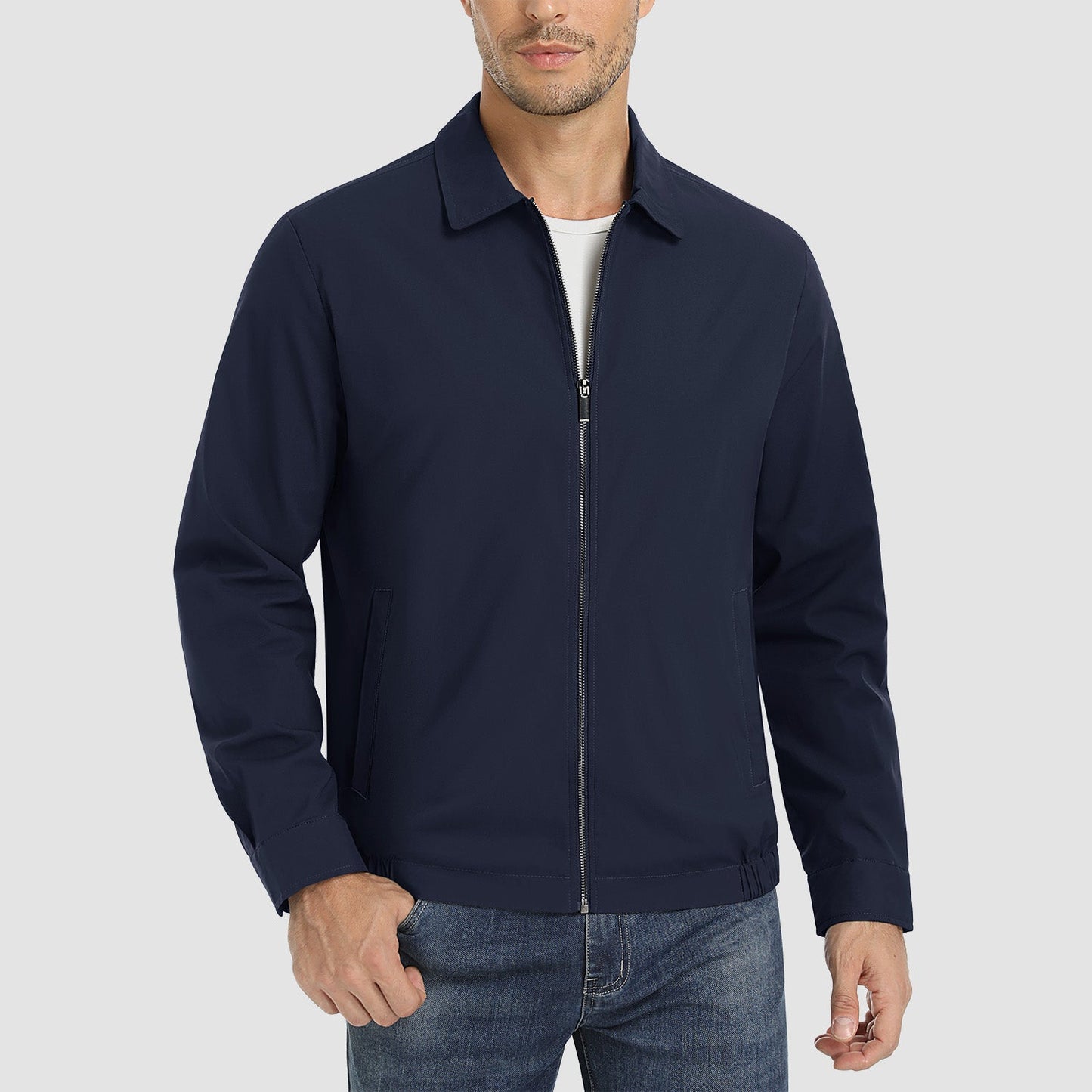 Men's lightweight windproof jacket water-resistant polyester shell multiple pockets outdoor casual style